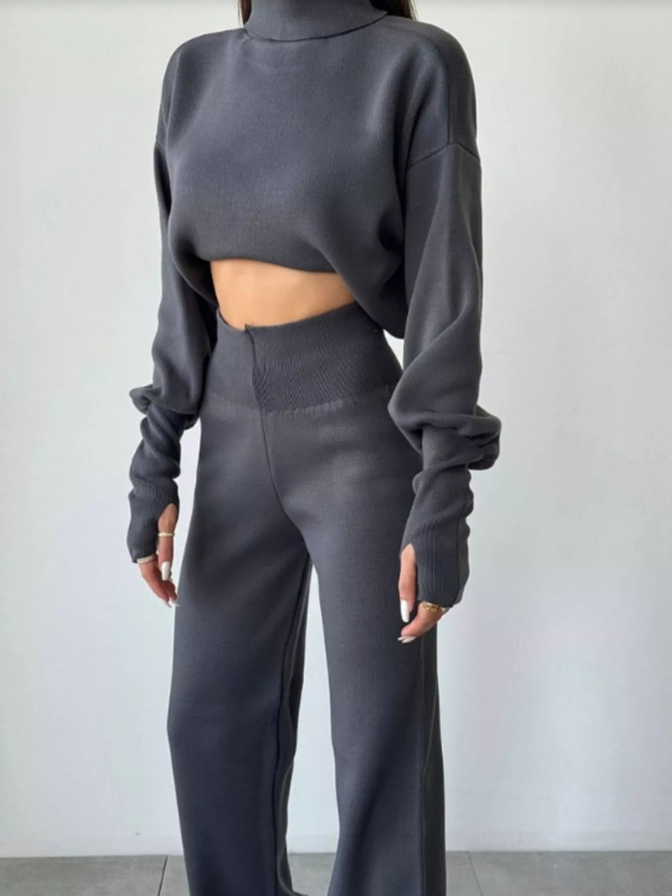 Turtleneck Long Sleeve Top & Pants Set Gray OutfitFlow