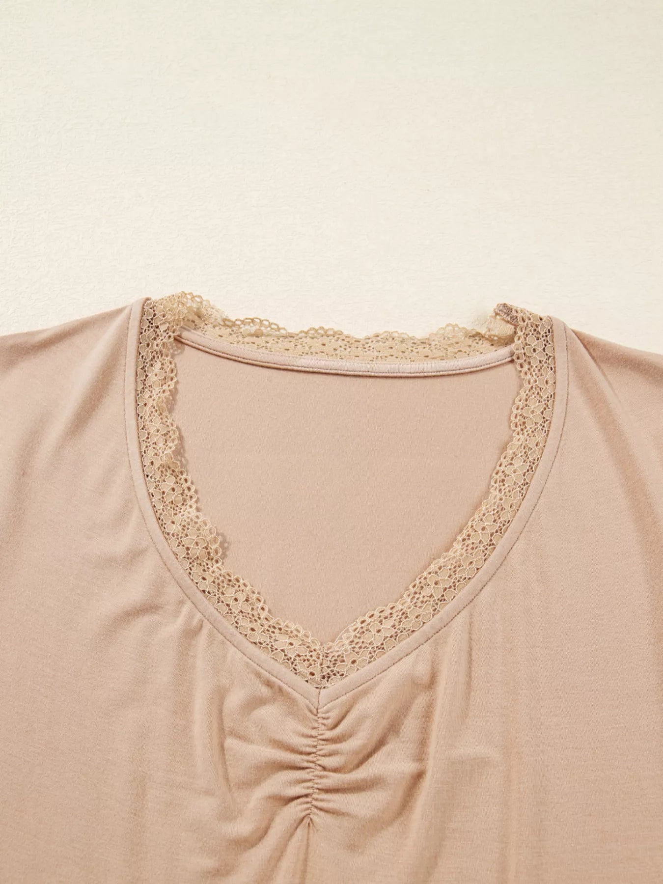 Lace-Trimmed Ruched Detail Long Sleeve T-Shirt OutfitFlow