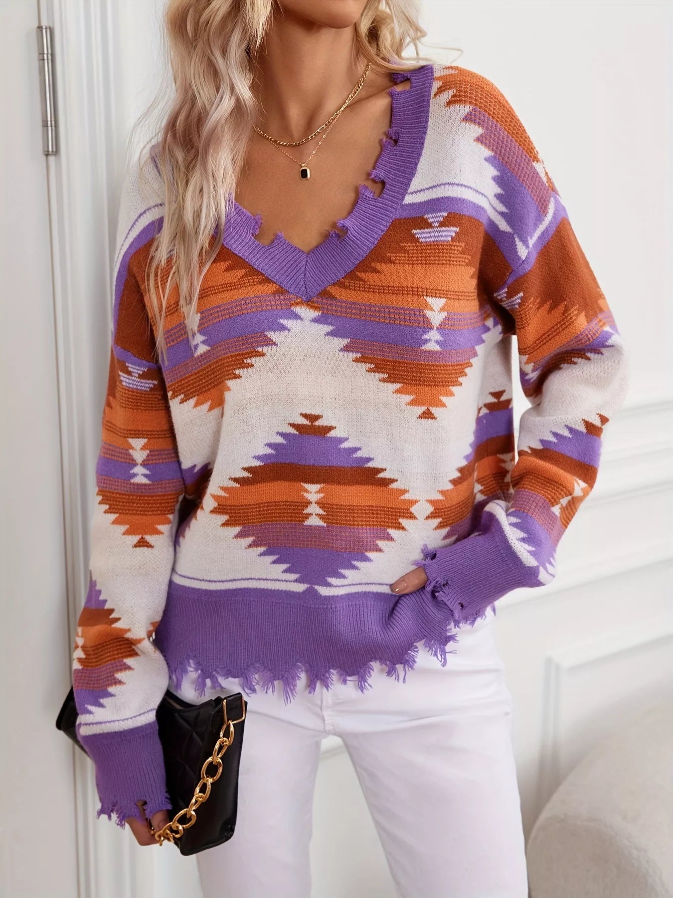 Geometric Frayed Hem V-Neck Long Sleeve Sweater OutfitFlow