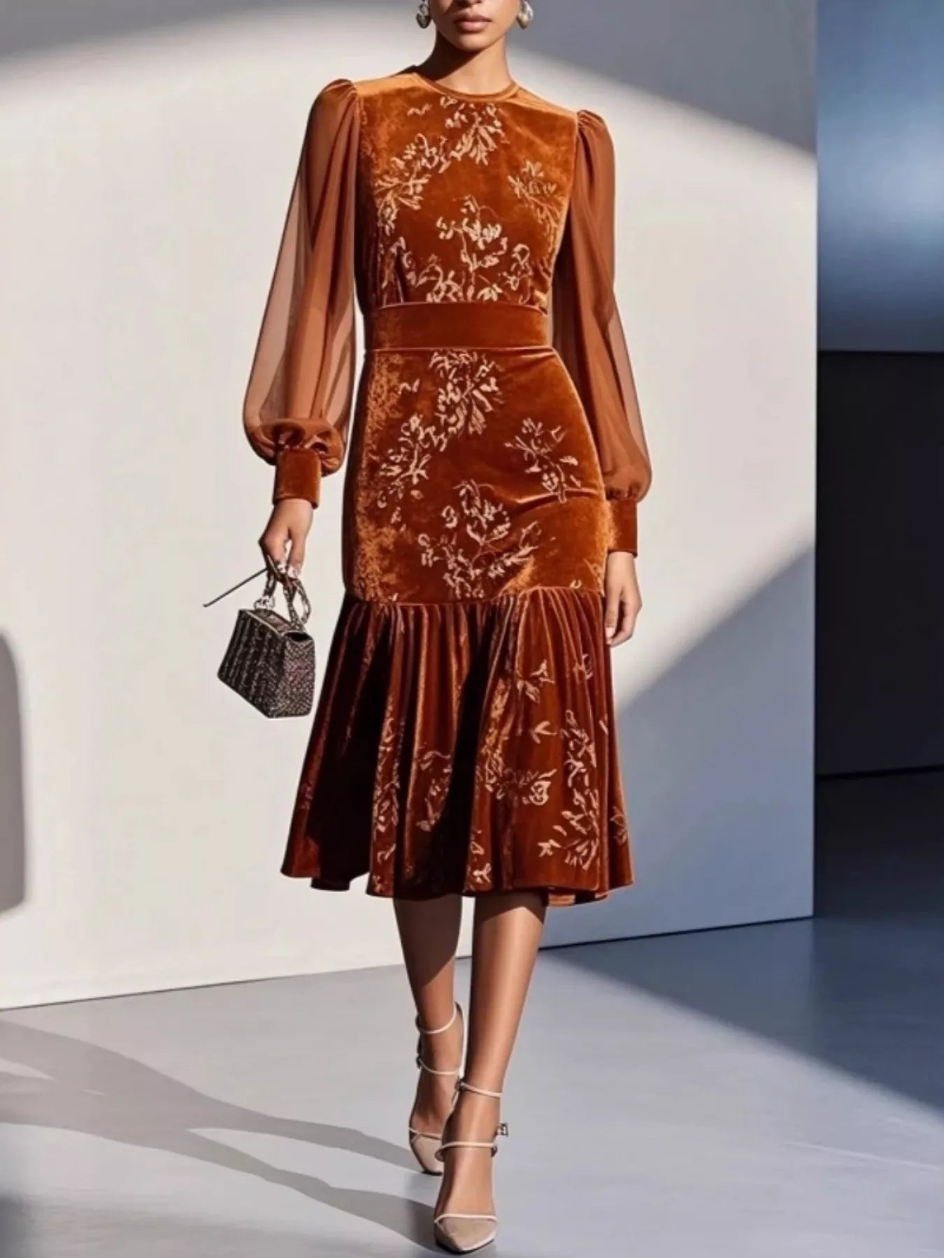 Velvet Floral Lantern Sleeve Midi Dress Caramel Color Trendsi