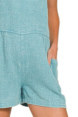 Zenana Washed Double Gauze Tie Back Rompers OutfitFlow