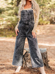Vintage Washed Wide Leg Denim Overalls with Front Pockets Grey OutfitFlow