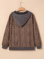 Ribbed Leopard Print Contrast Collar Zip Hoodie OutfitFlow