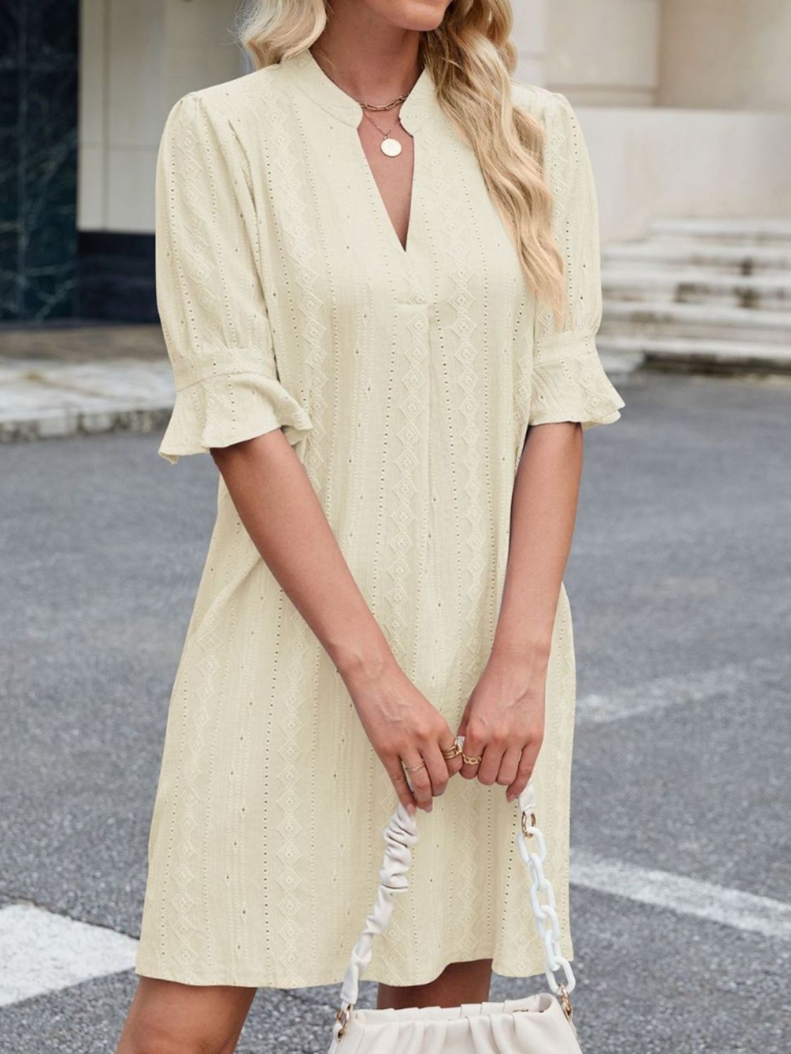 Eyelet Flounce Sleeve Mini Dress OutfitFlow