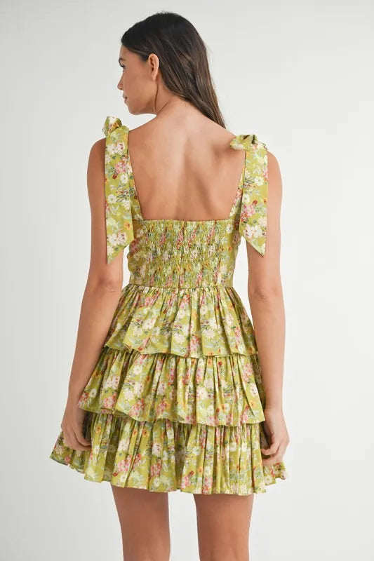 MABLE Floral Print Shoulder Tie Layered Mini Dress OutfitFlow