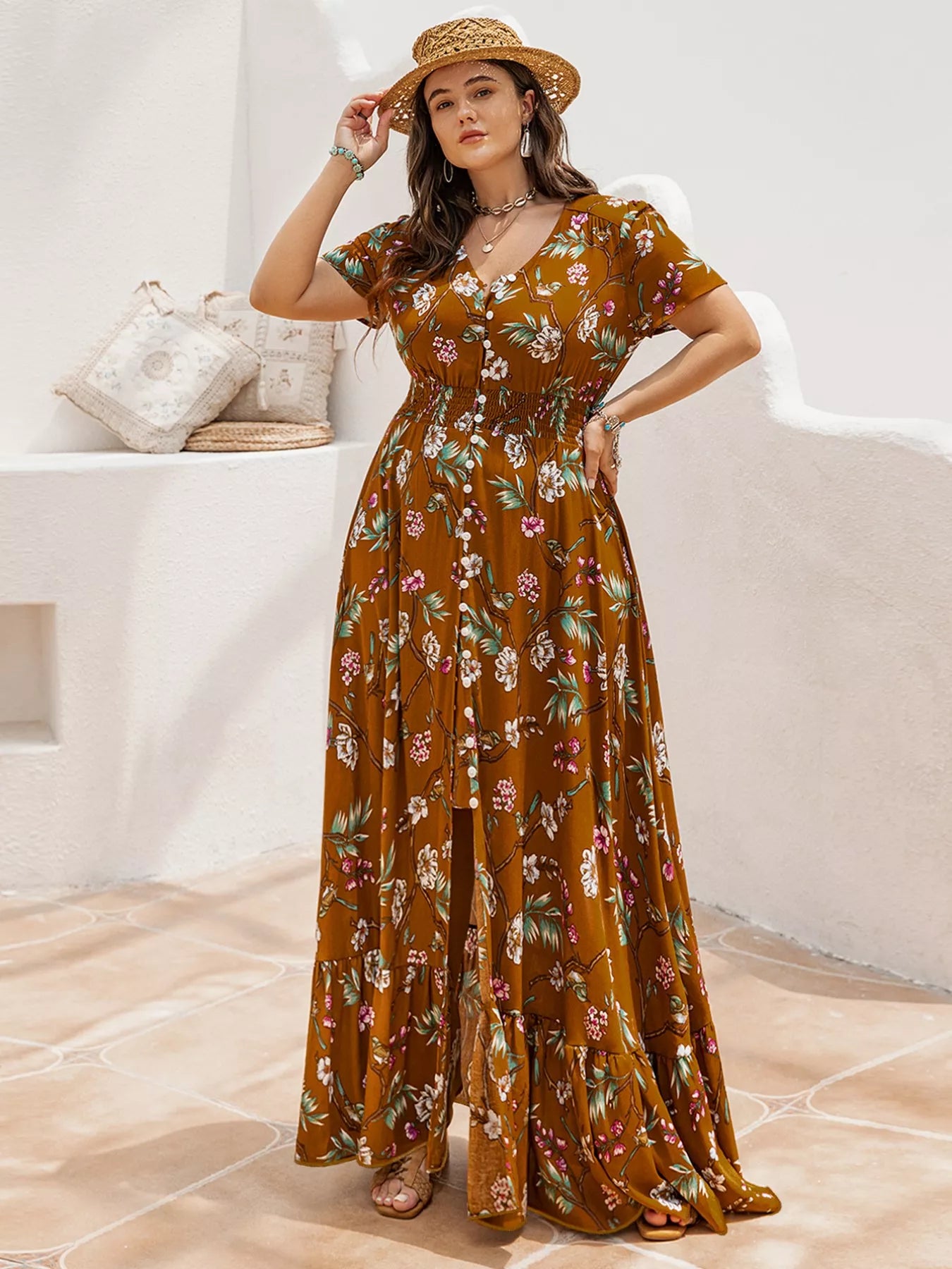 Plus Size Floral V-Neck Short Sleeve Dress OutfitFlow