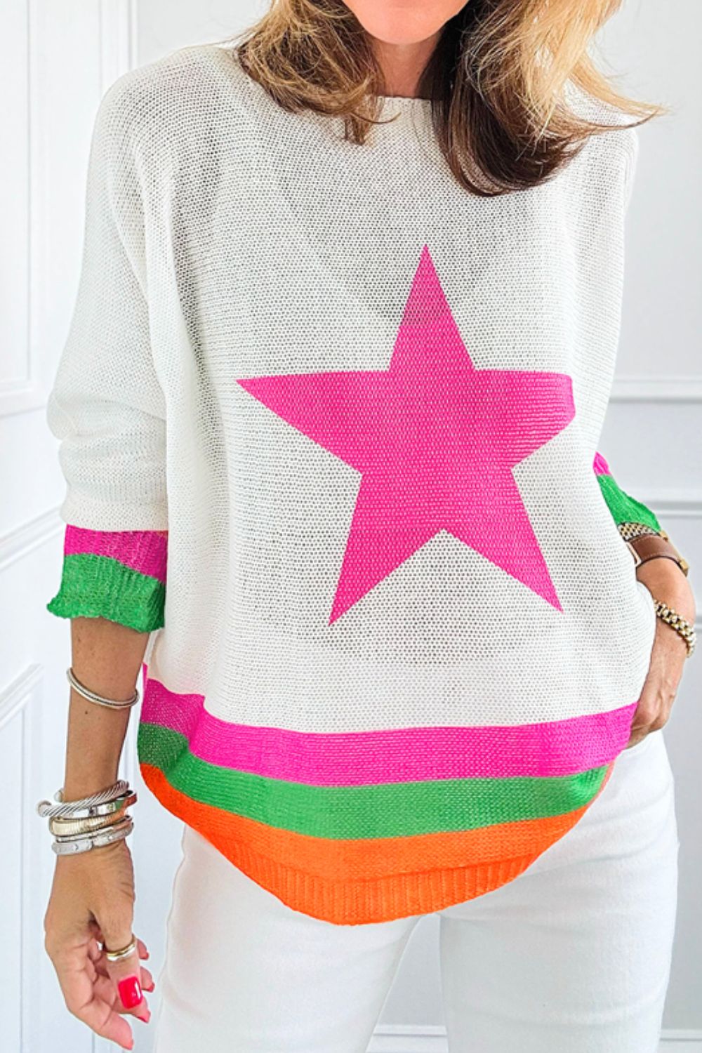 Outfit Flow - Star Contrast Round Neck Long Sleeve Knit Top