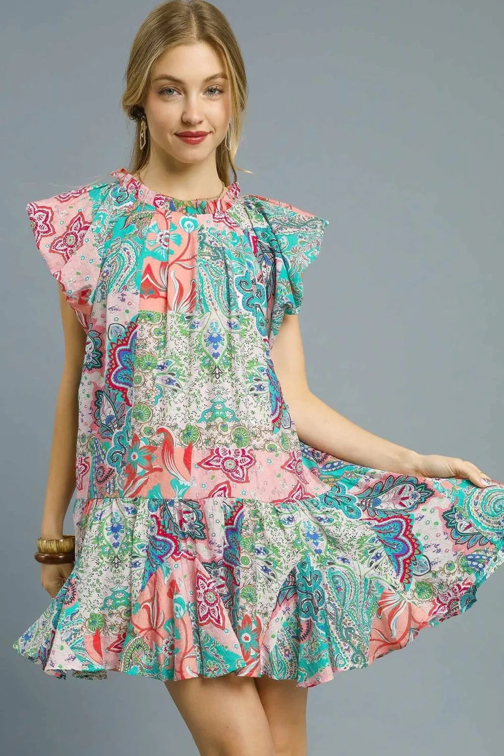 Umgee Printed Ruffle Cap Sleeve Mini Dress Blush Pink OutfitFlow
