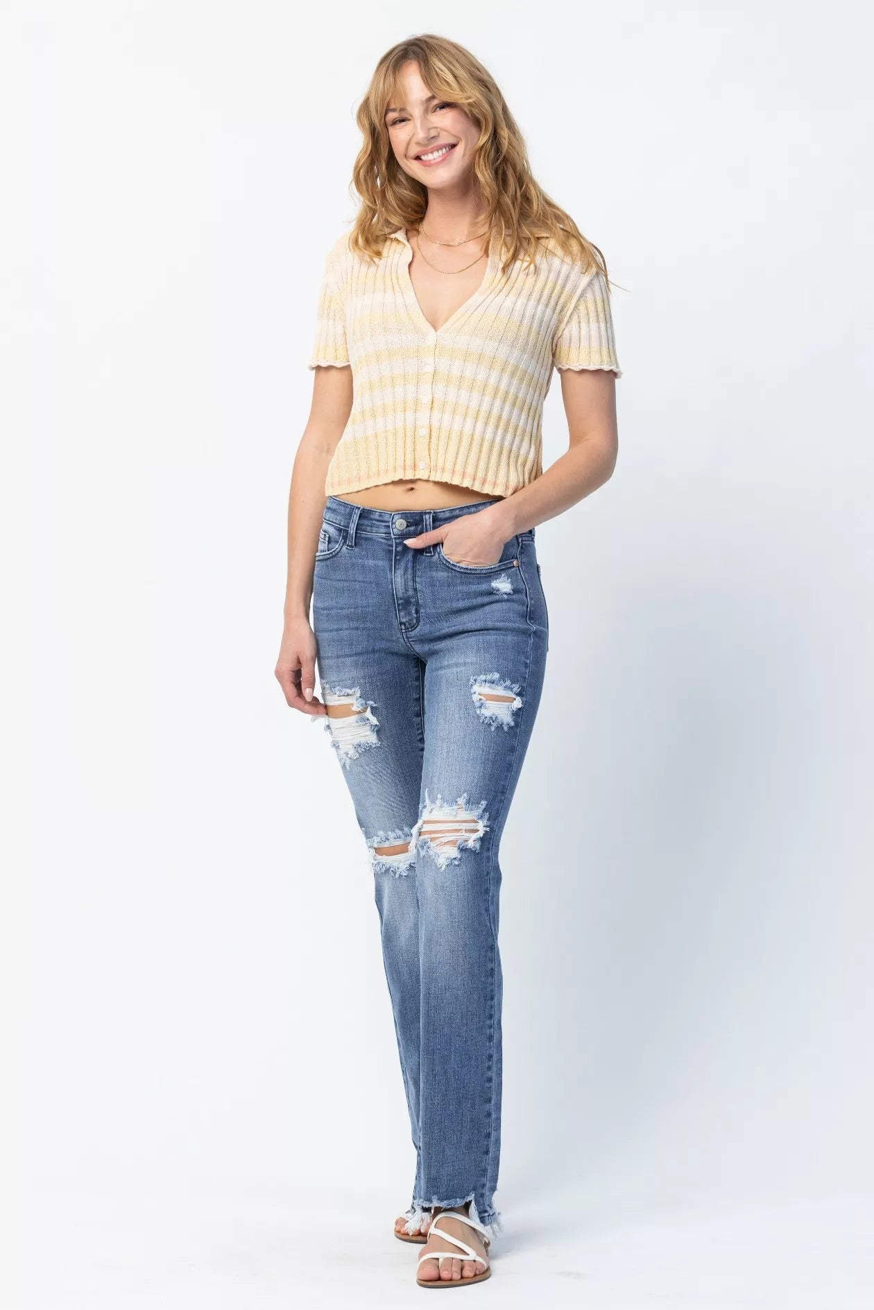 Judy Blue Full Size Mid Rise Destroy Straight Jeans Plus Size OutfitFlow