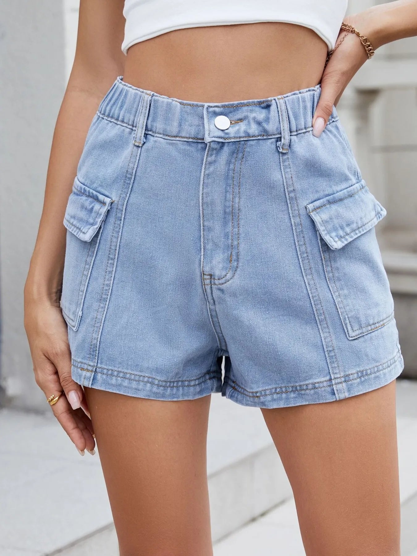 High Waist Cargo Denim Shorts OutfitFlow
