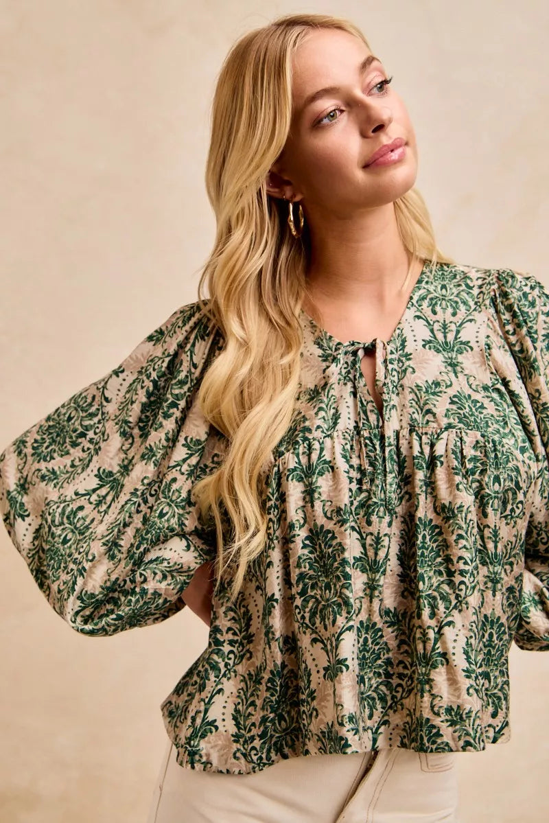 BiBi Printed Woven Front Tied Blouse with Baloon Sleeve OutfitFlow