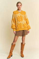 Outfit Flow - Davi & Dani Flower Texture Round Neck Dropped Shoulder Sweater