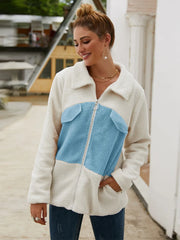 Ivy Lane Plush Contrast Zip Up Coat Light Blue Trendsi