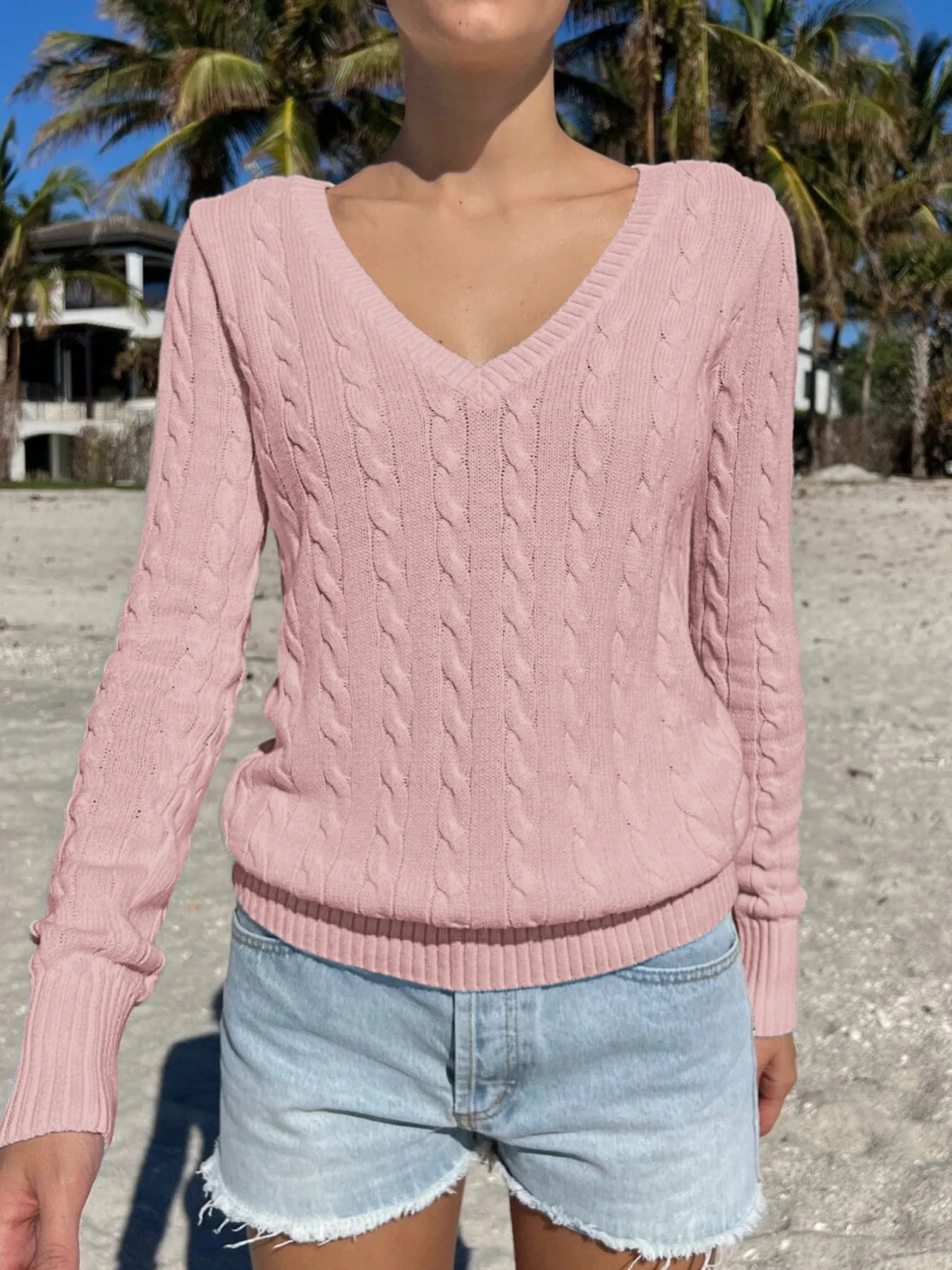 Cable Knit V-Neck Sweater Pink Trendsi