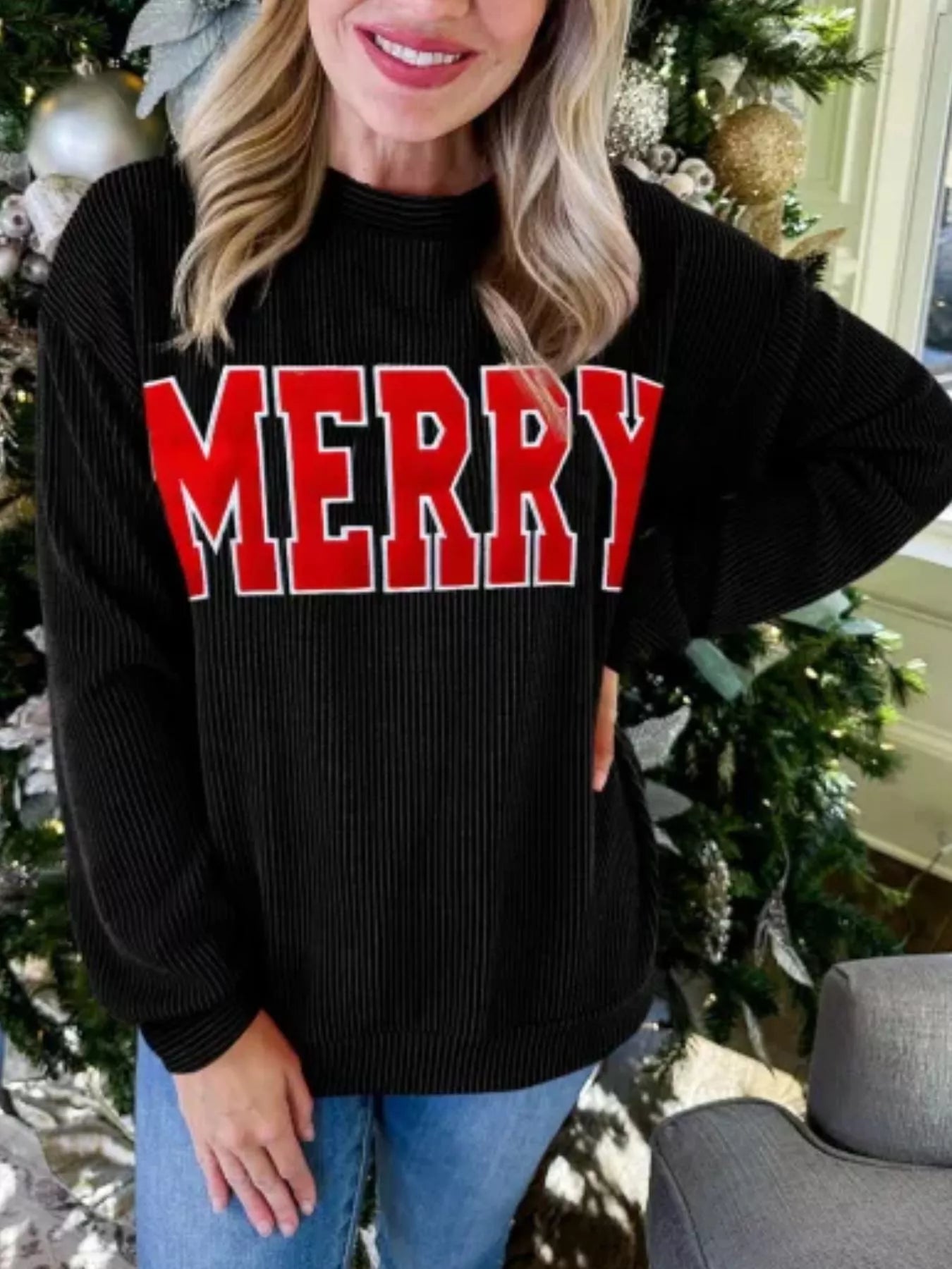 MERRY Round Neck Christmas Sweatshirt Black OutfitFlow