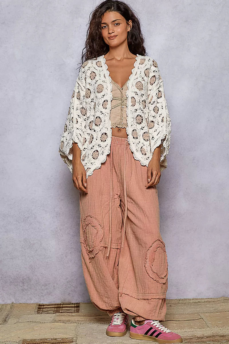 POL Openwork V-Neck Chenille Cardigan with Contrast Floral OutfitFlow