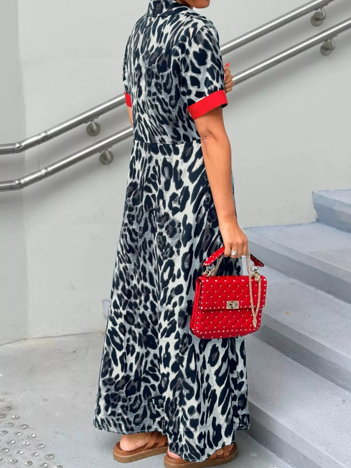 Leopard Print Button-Down Dress with Contrast Trim Dark Gray OutfitFlow