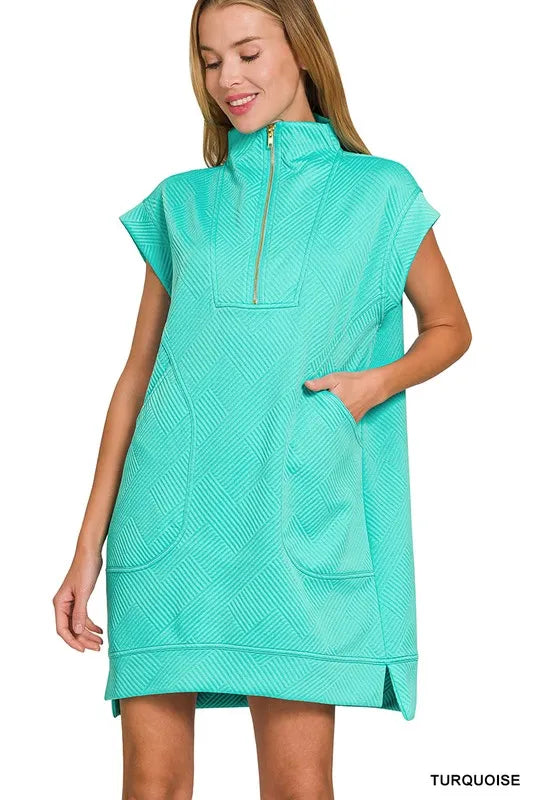 Zenana Textured Knit Jacquard Quarter Zipper Mini Dress TURQUOISE OutfitFlow