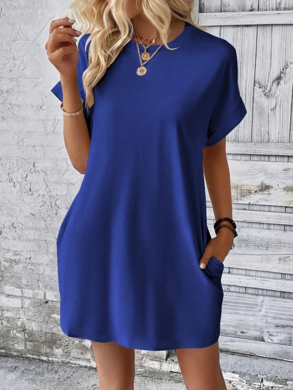 Pocketed Round Neck Short Sleeve Dress Dark Blue OutfitFlow
