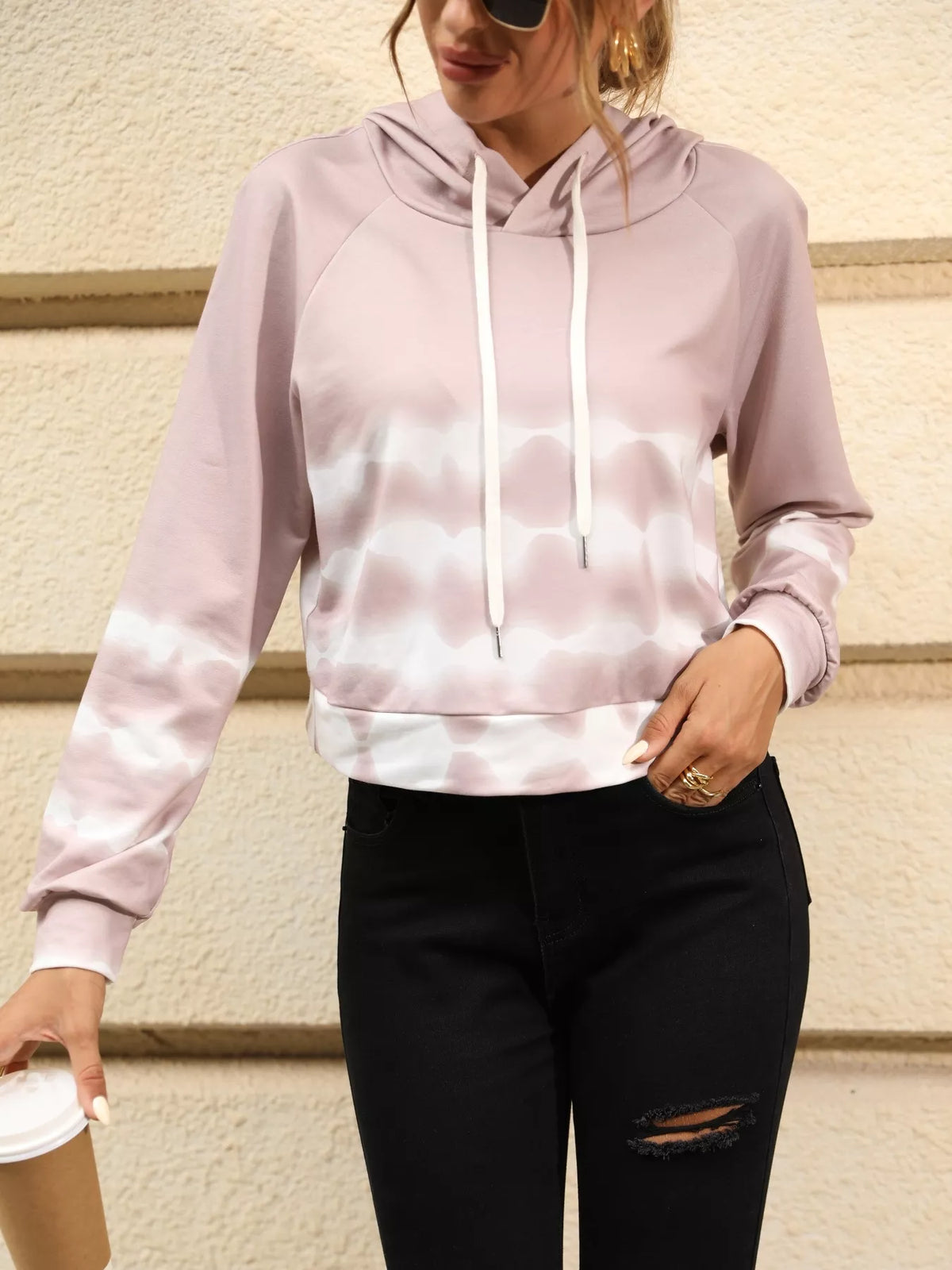 Drawstring Raglan Sleeve Hoodie Dusty Pink OutfitFlow