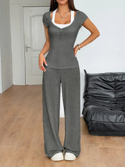 Textured Short Sleeve Top and Pants Set OutfitFlow