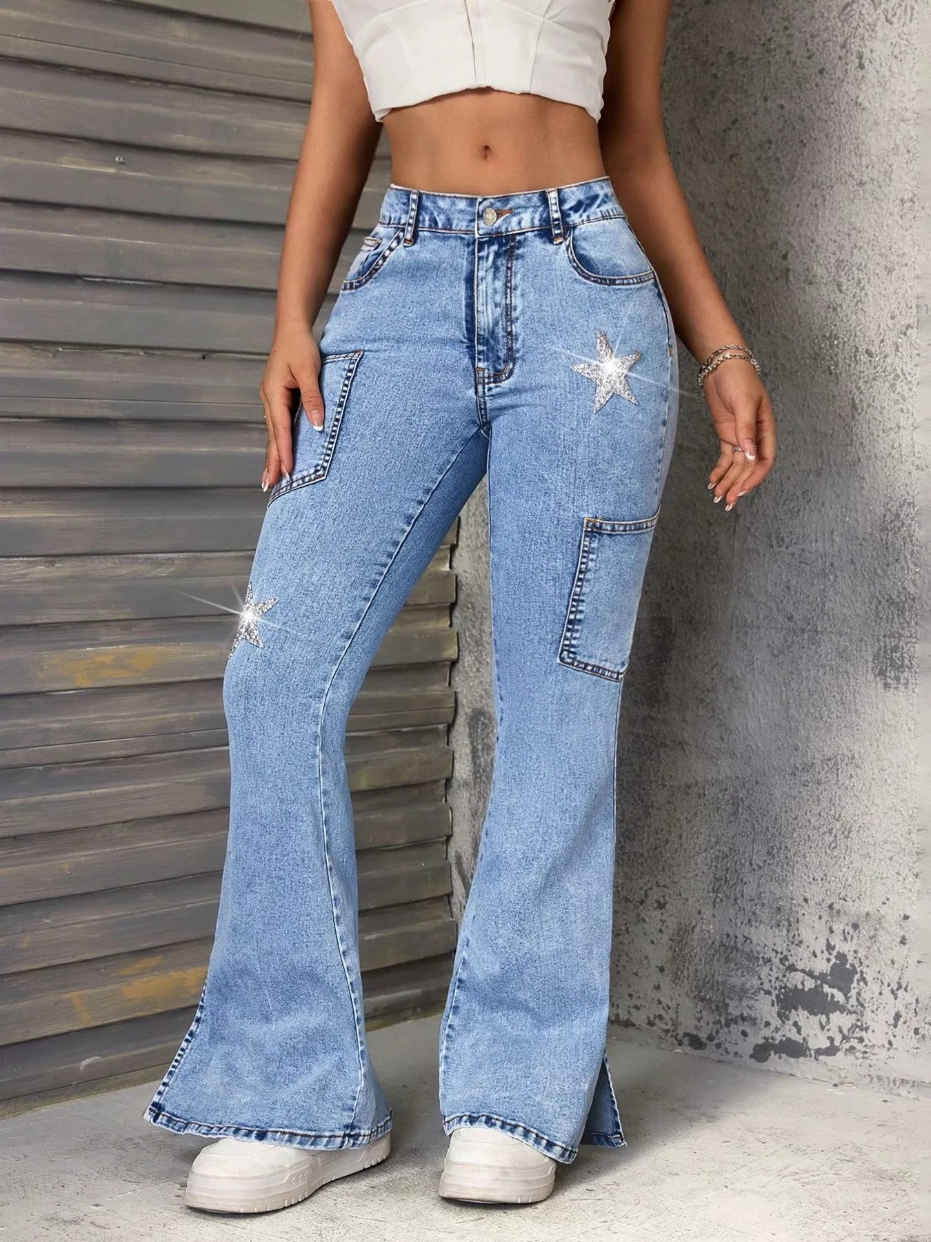 Slit Star Flare Leg Jeans Blue OutfitFlow