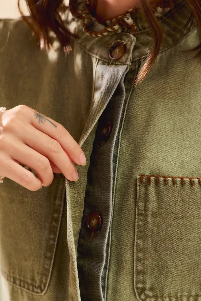SO ME Washed Denim Stitch Ruffled Hidden Button Vest Top OutfitFlow