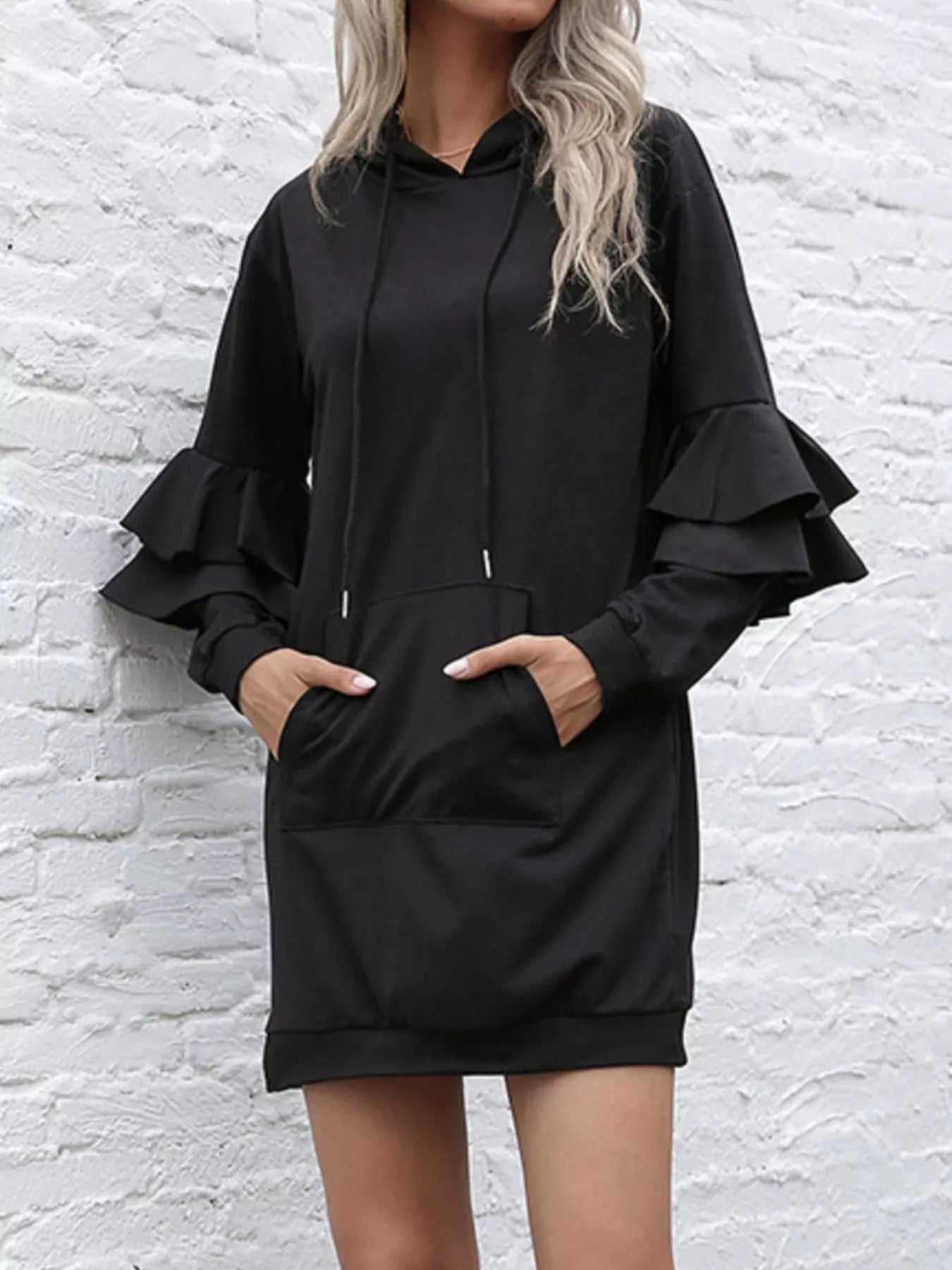 Ruffled Drawstring Long Sleeve Hooded Dress OutfitFlow