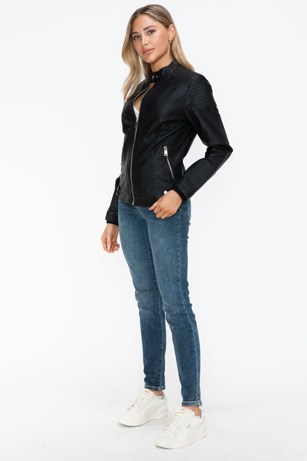 Outfit Flow - Snobbish Faux Leather Biker Jacket with Side Zip Pockets