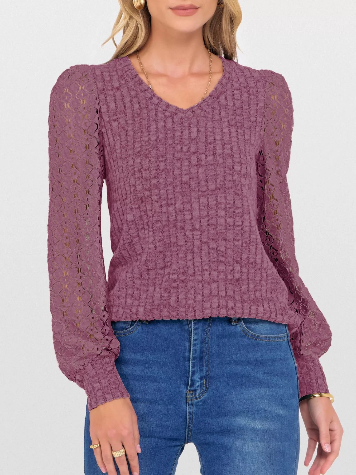 Lace Sleeve V-Neck T-Shirt OutfitFlow