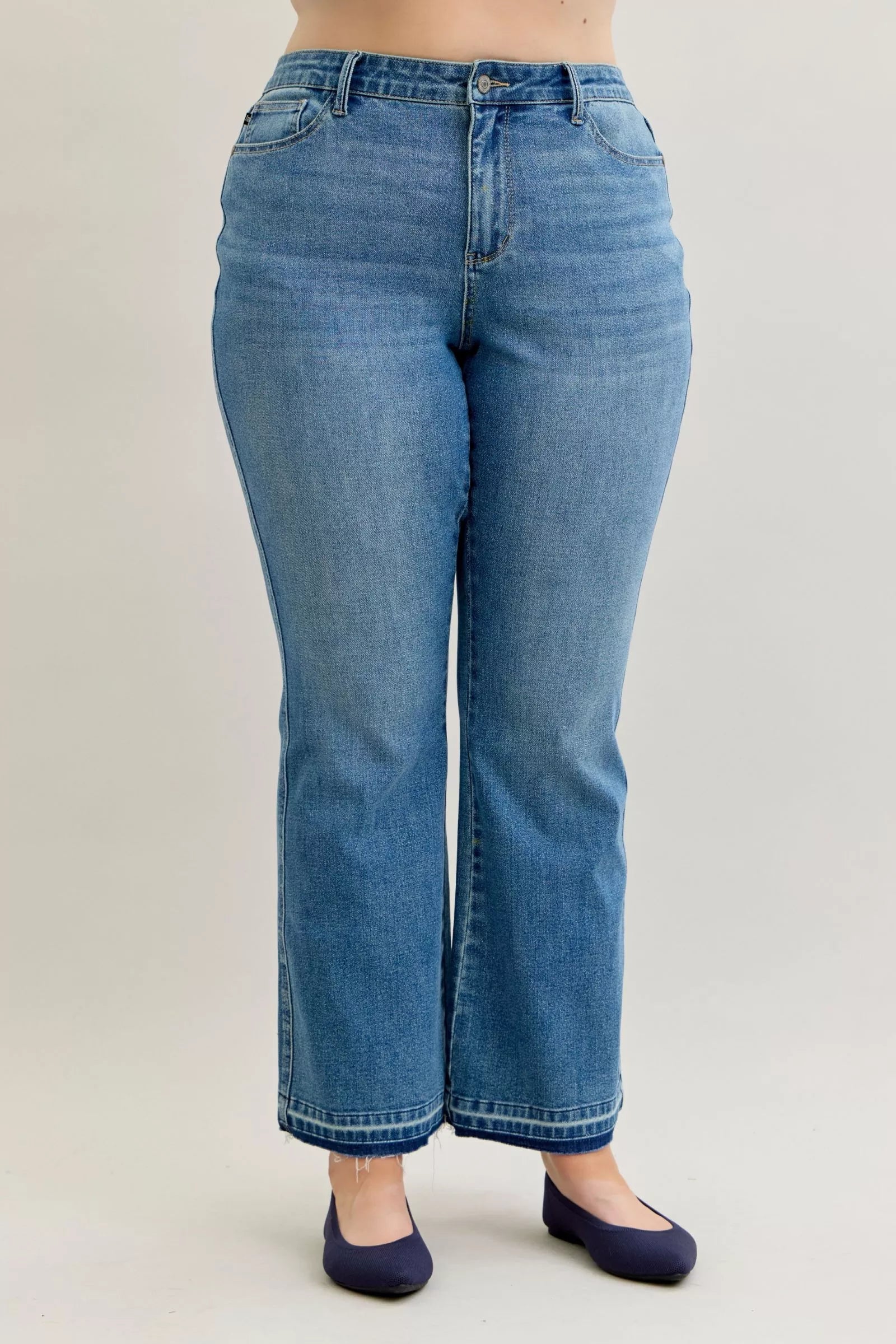 Judy Blue Full Size Mid Rise Slim Bootcut Tummy Control Release Hem Jeans Plus Size OutfitFlow