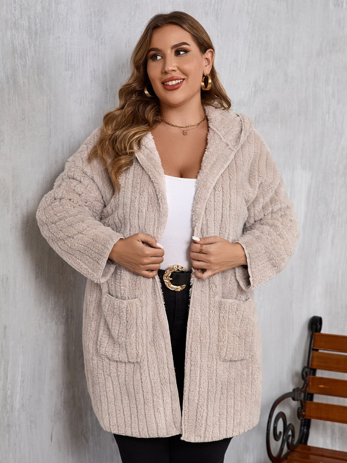 Outfit Flow - Plus Size Open Front Long Sleeve Hooded Fuzzy Jacket