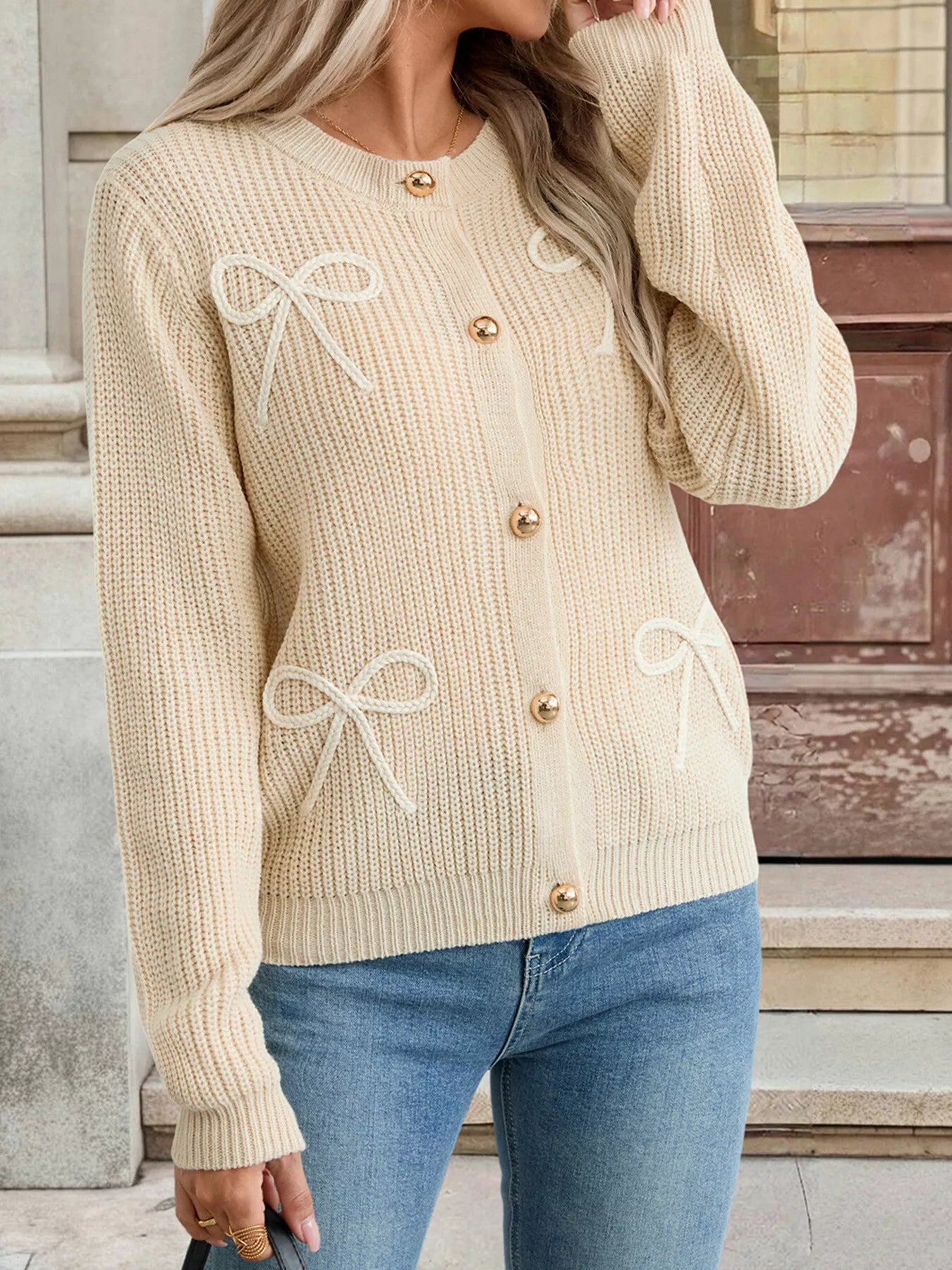 Bow Button Up Long Sleeve Cardigan OutfitFlow
