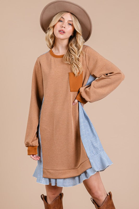 Ces Femme Striped Patchwork Round Neck Terry Sweatshirt Dress