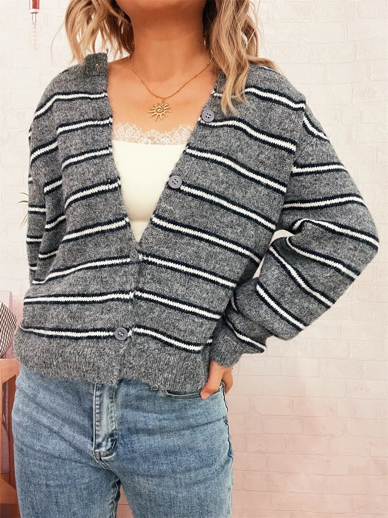 Striped Button-Up Long Sleeve Cardigan Gray One Size OutfitFlow