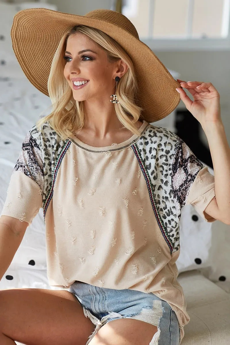 BiBi Distress Jacquard Knit with Leopard Snake Skin Top TAUPE OutfitFlow