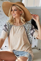 BiBi Distress Jacquard Knit with Leopard Snake Skin Top TAUPE OutfitFlow