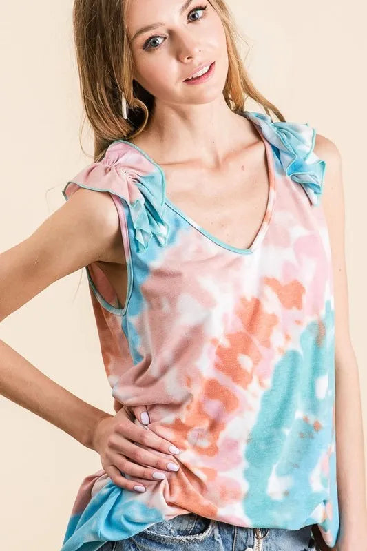 BiBi Circular Tie Dye Knit V Neck Top With Ruffle OutfitFlow