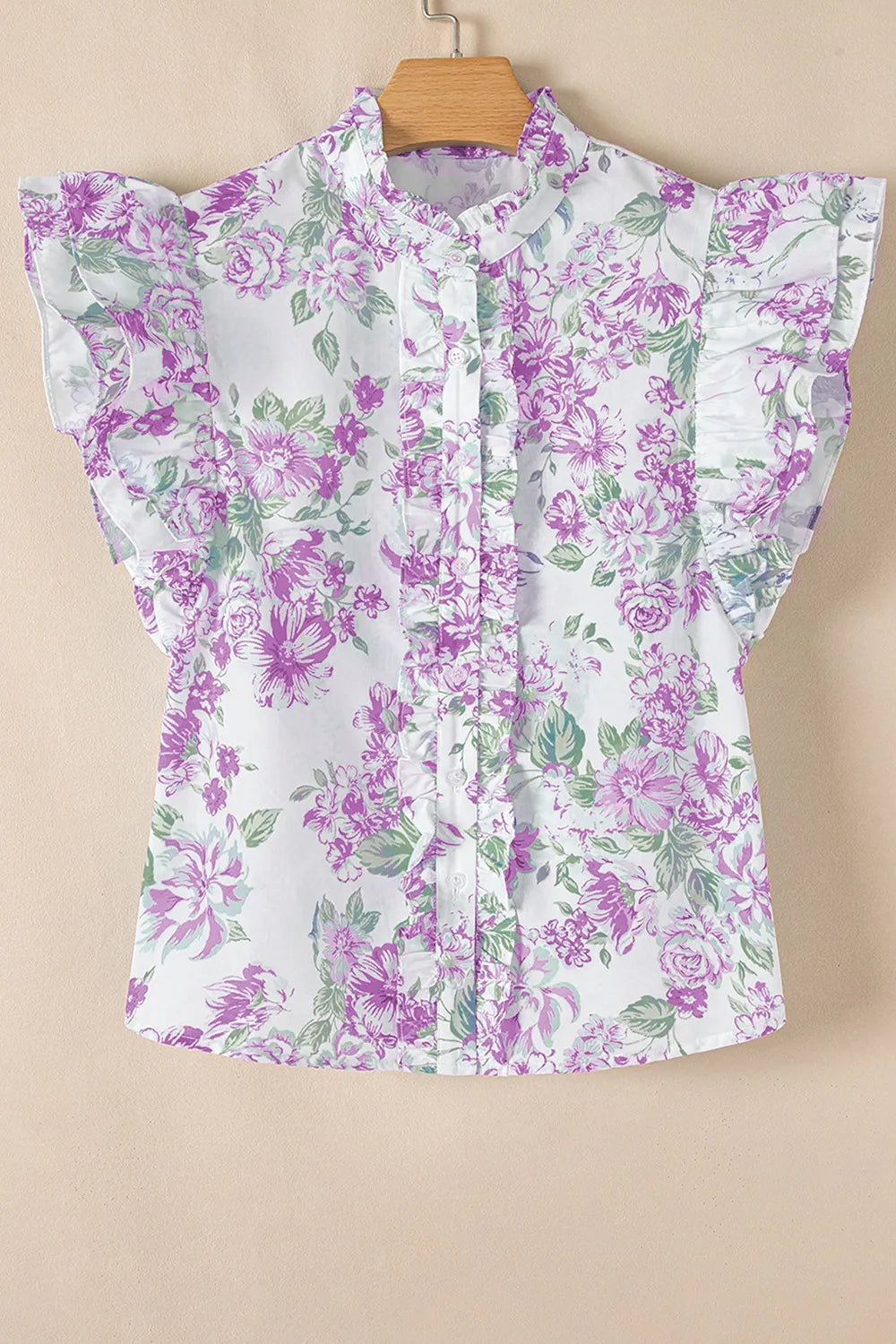 Printed Ruffled Sleeve Button-Up Blouse OutfitFlow