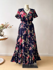 Plus Size Floral Print Short Sleeves V-Neck Dress OutfitFlow