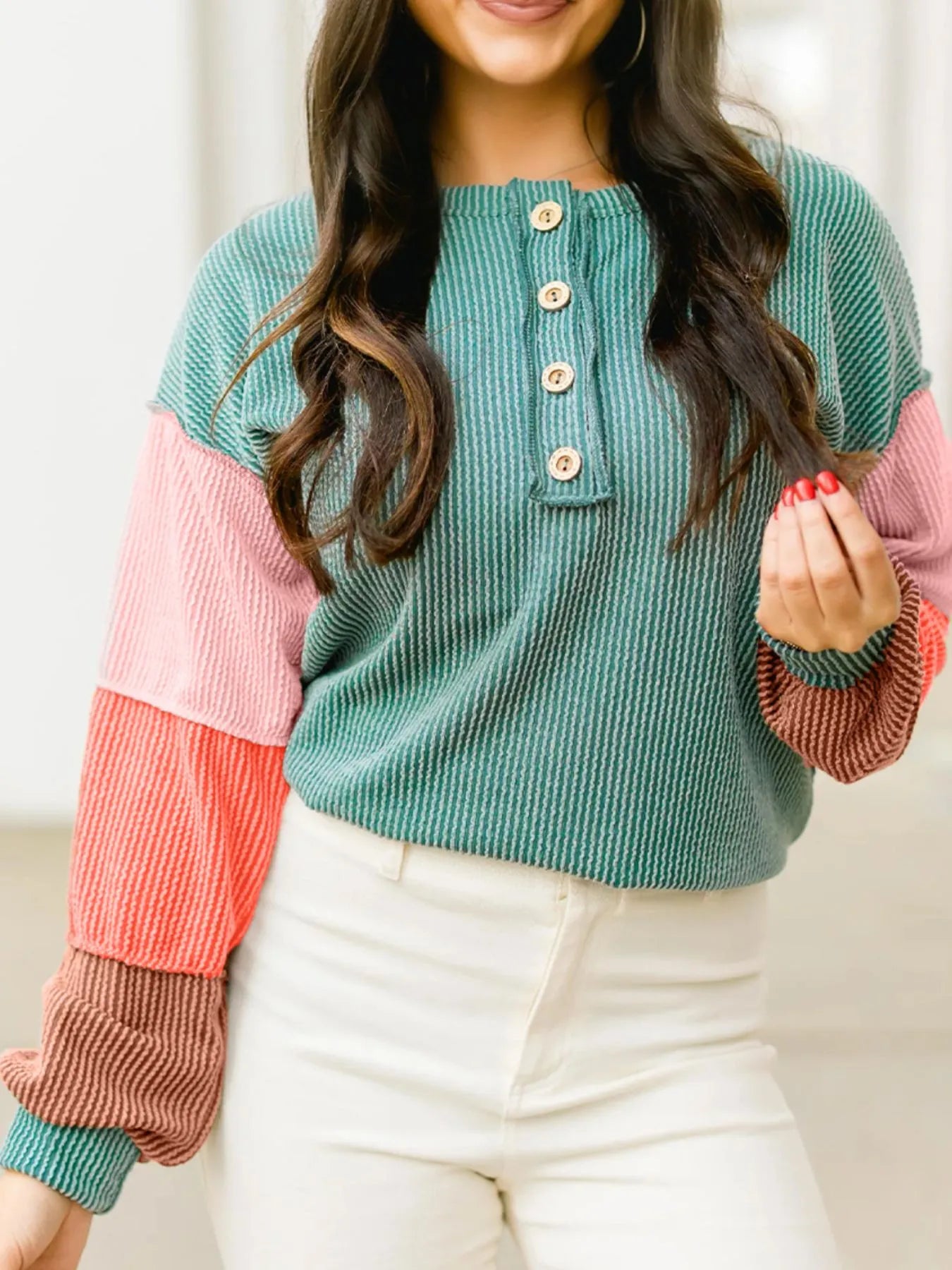 Color Block Ribbed Knit Henley Sweatshirt OutfitFlow