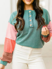 Color Block Ribbed Knit Henley Sweatshirt OutfitFlow