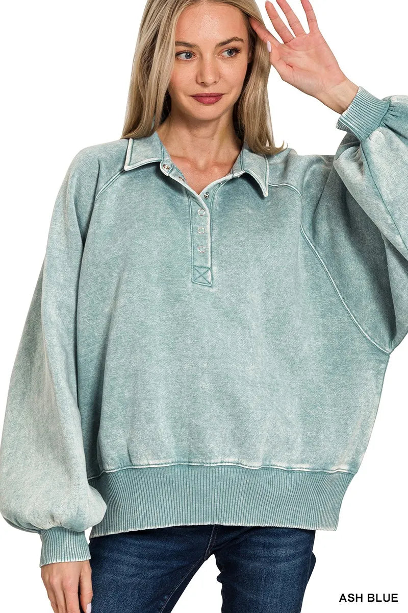 Zenana Acid Wash Fleece Collared Sweatshirt ASH BLUE Trendsi