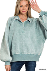 Zenana Acid Wash Fleece Collared Sweatshirt ASH BLUE Trendsi