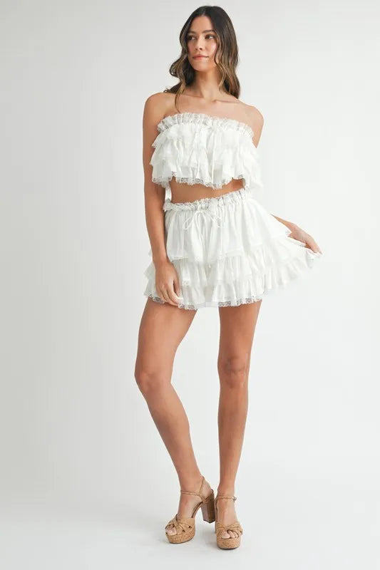 MABLE Ruffle Layered Crop Top and Mini Skirt Set OutfitFlow