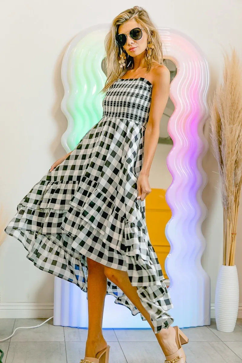 BiBi Smocked Body Off Shoulder Check Dress OutfitFlow