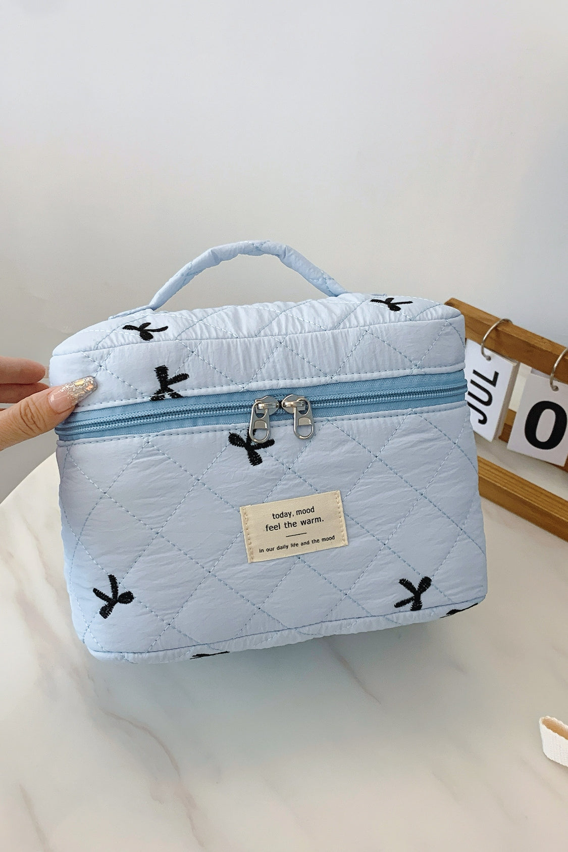 Outfit Flow - Bow Embroidered Quilted Storage Bag with Zip