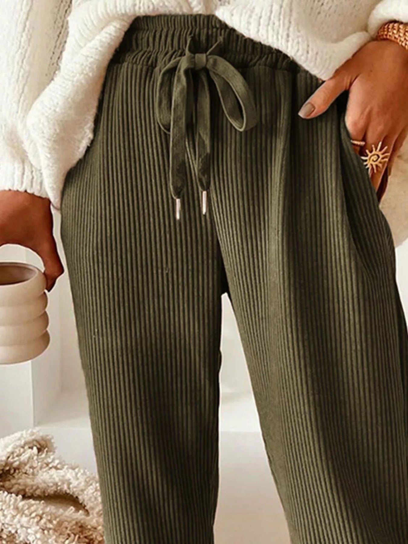 Casual Corduroy Drawstring Waist Pants OutfitFlow