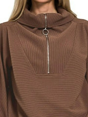 Zenana Ribbed High Neck Half Zip Pullover & Pants Set Trendsi