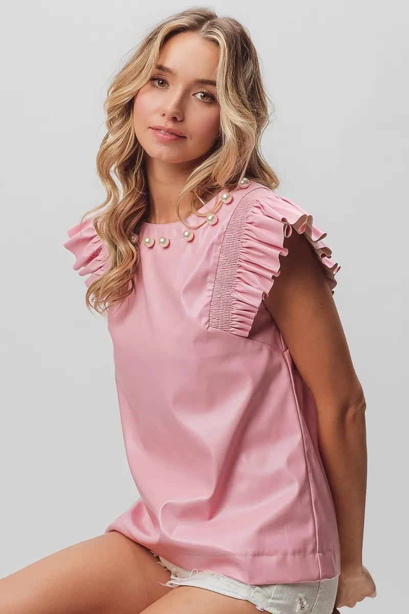 BiBi Leather Smocked Ruffled Top OutfitFlow
